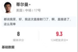 蒂尔曼2射1正1进球+1关键助攻 15次对抗9成功+6次长传1成功 获8分最高