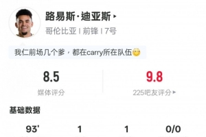 路易斯·迪亚斯表现:助攻得分+1次射门中框2次突破成功2次关键传球,得分8.5