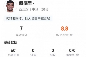 佩德里此役射门0次+关键传球1次 9次对抗成功7次 3次抢断3次造犯规 获评7分